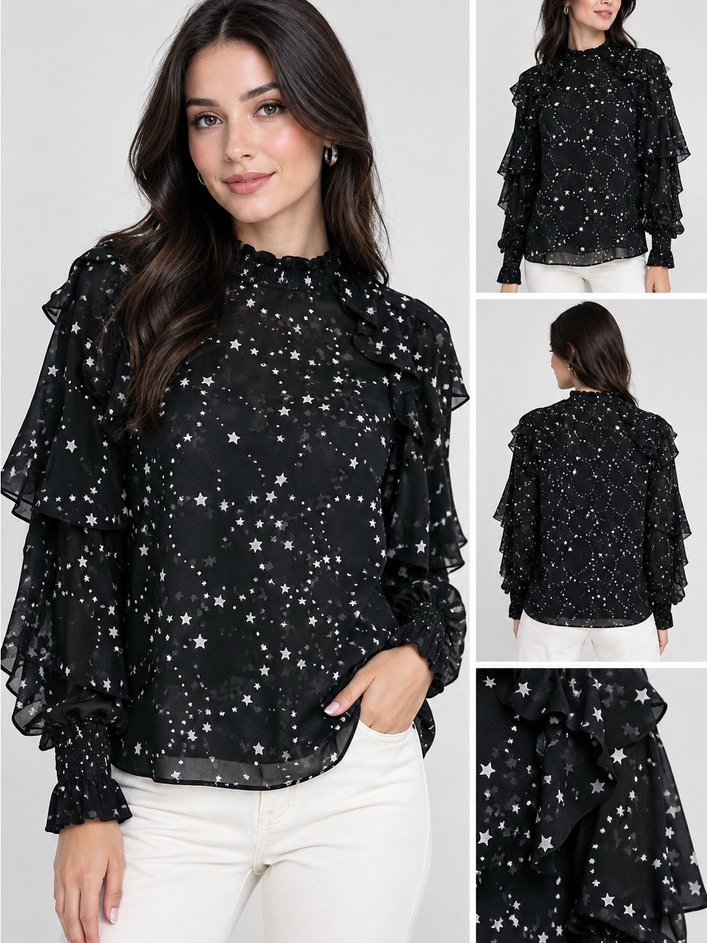 Maje Black Star-Print Ruffle Blouse